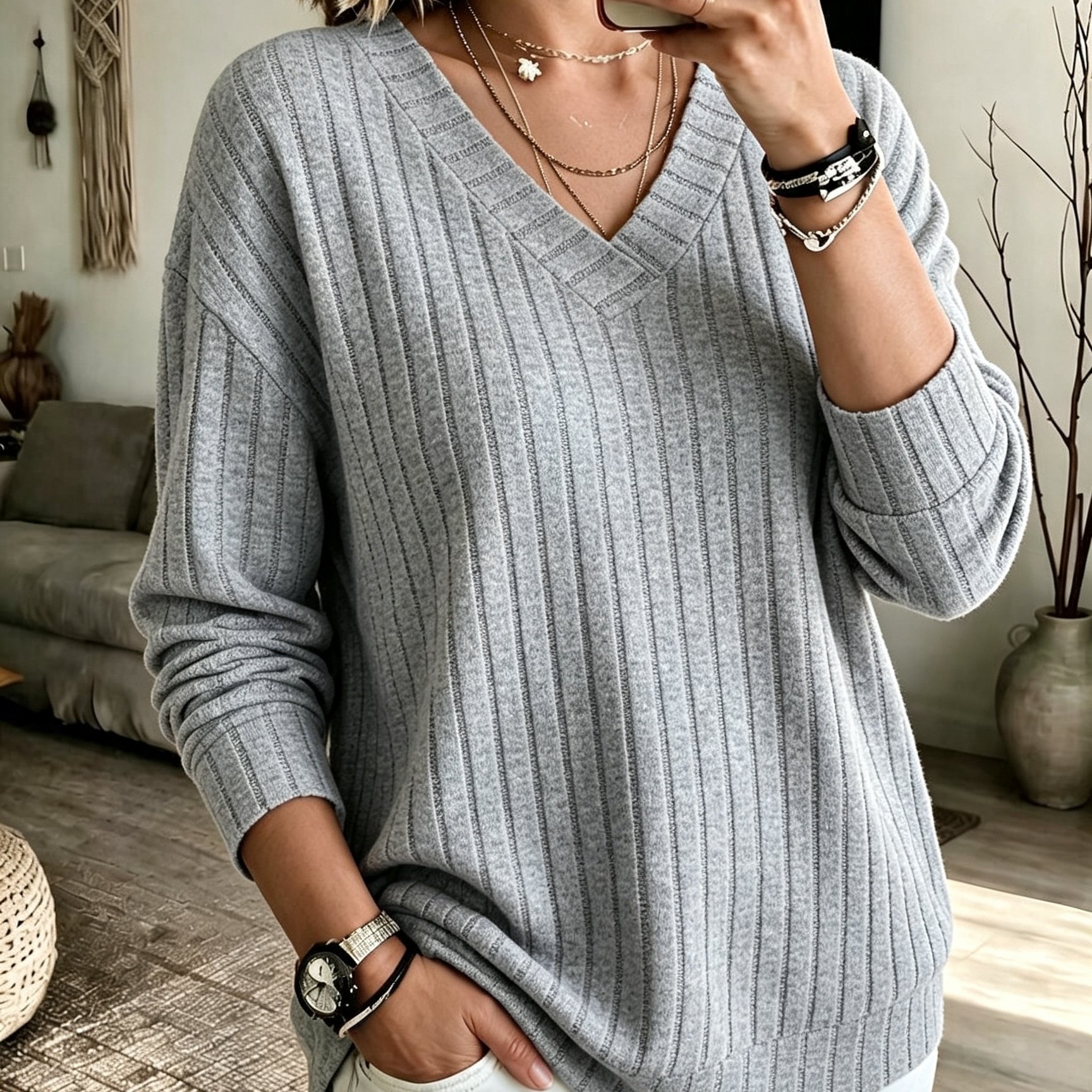 TEMU Haut grande taille à manches longues , col en V et côtes verticales, vêtement d'automne/hiver polyvalent, décontracté et élégant, coupe avec