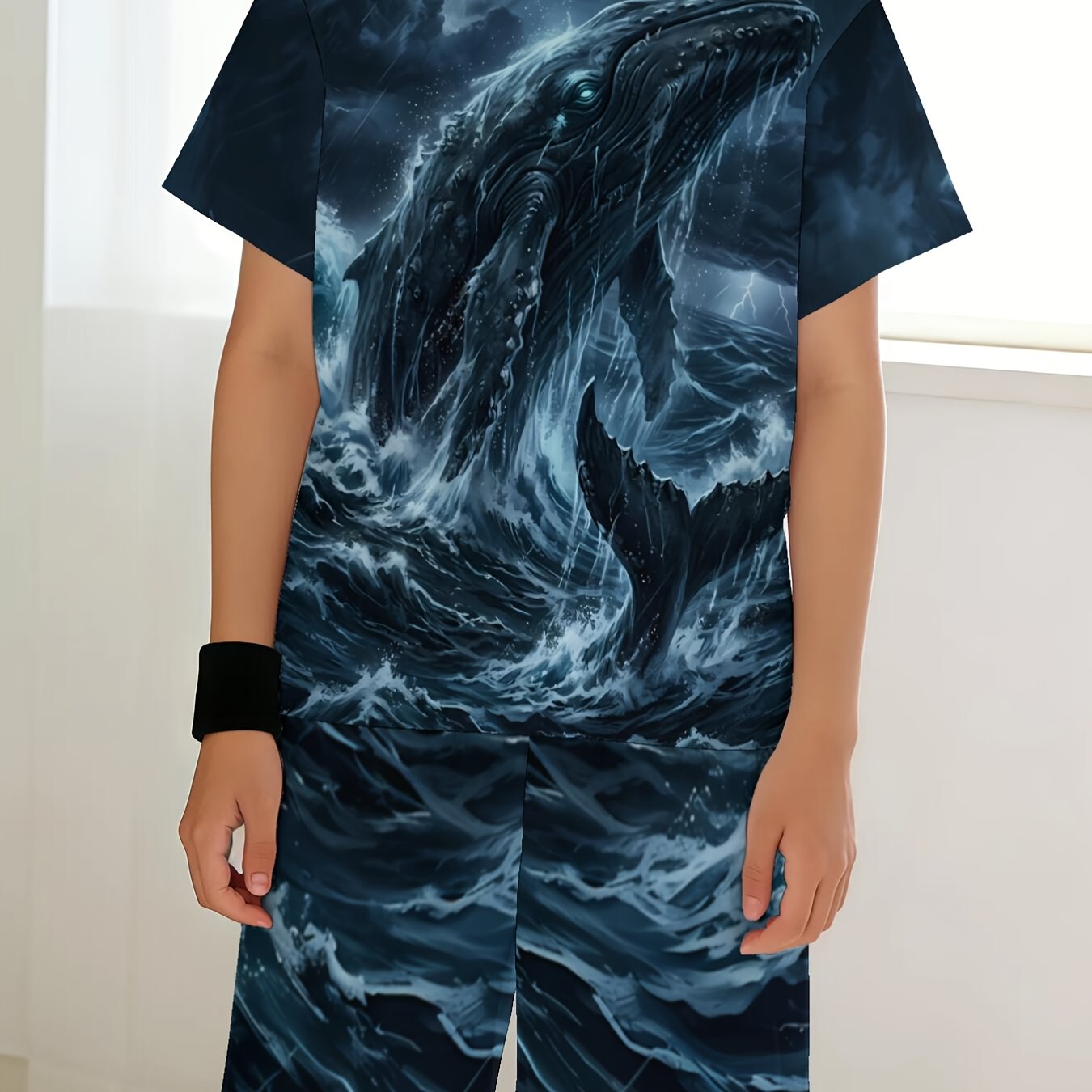 TEMU Storm Enormous Whale Print Teen Summer Short Sleeve And Shorts Set, Casual 2pcs Outfit, For Teenager, For Teenager