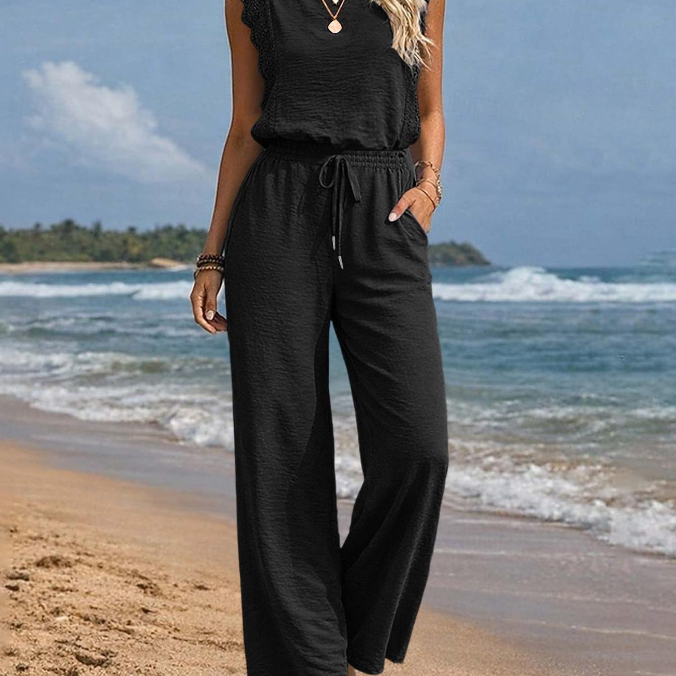 Image of Women's Summer Casual Fashion Jumpsuit Solid Color Crew Neck Lace Sleeveless Waist Tie Loose Wide Leg Pants With Pockets Elegant Boho Style 2026 Business Beach Vacation Outfit