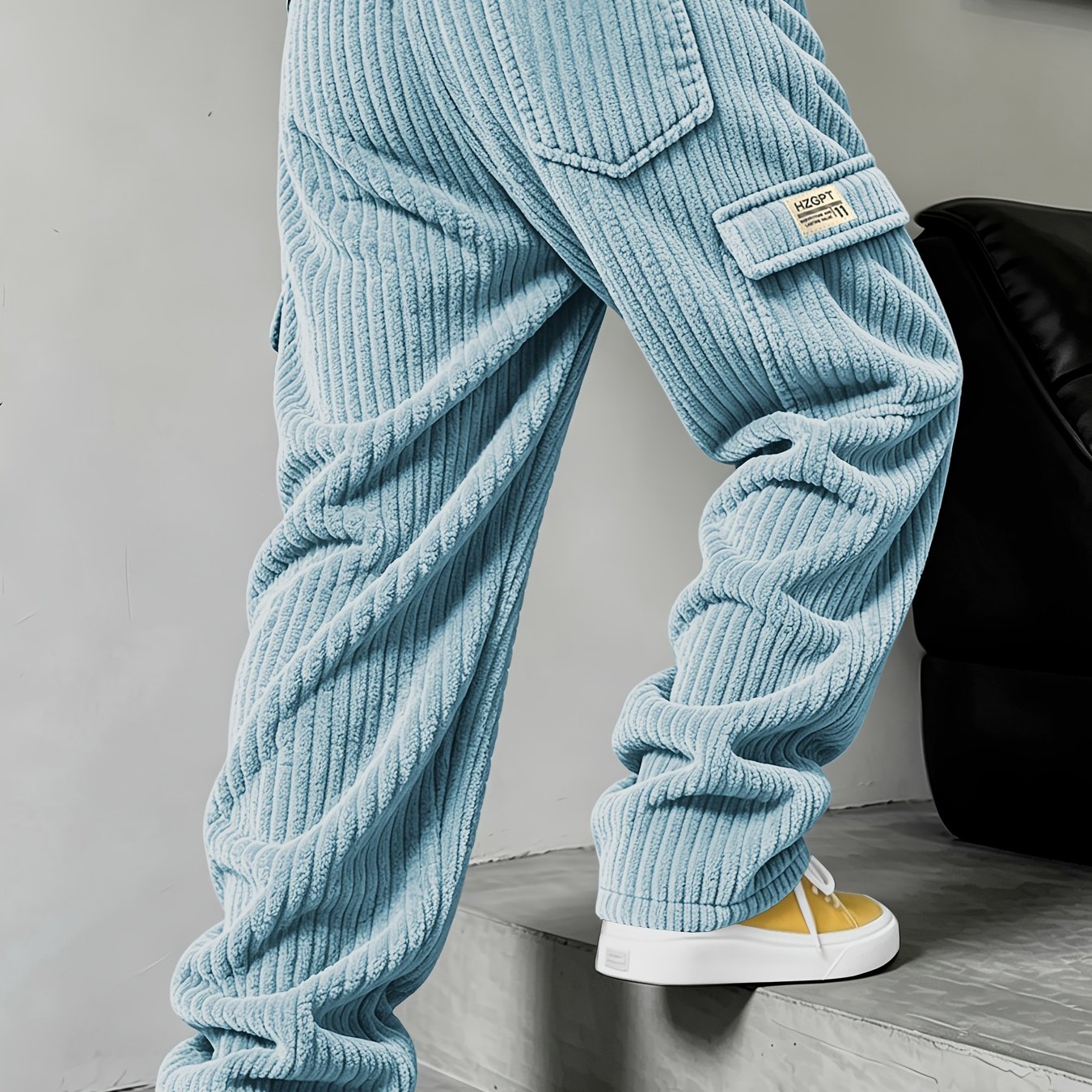 TEMU Nouveau Pantalon Cargo en Velours pour Homme, Pantalon Décontracté à Rayures Verticales Texturées en Velours , Taille Élastique avec Cordon de