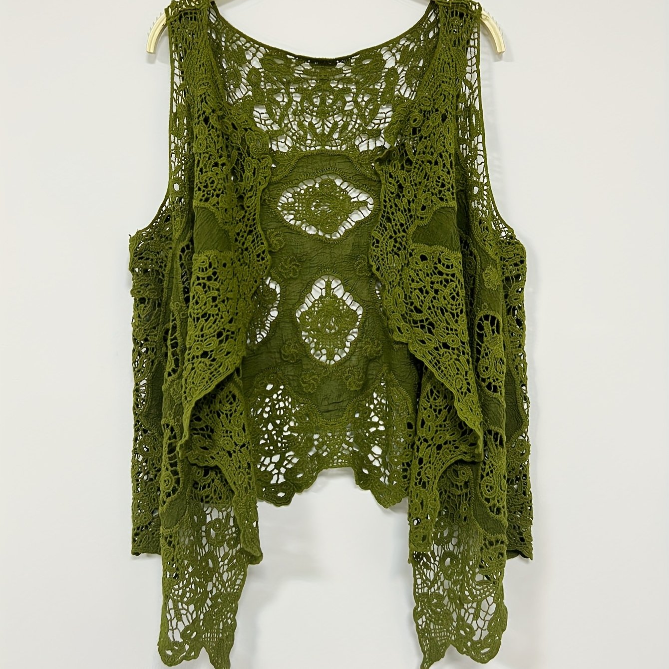 Irregular Sleeveless Cardigan With Front Long And Back Short Design, Embroidered Cut-out Cardigan Vest