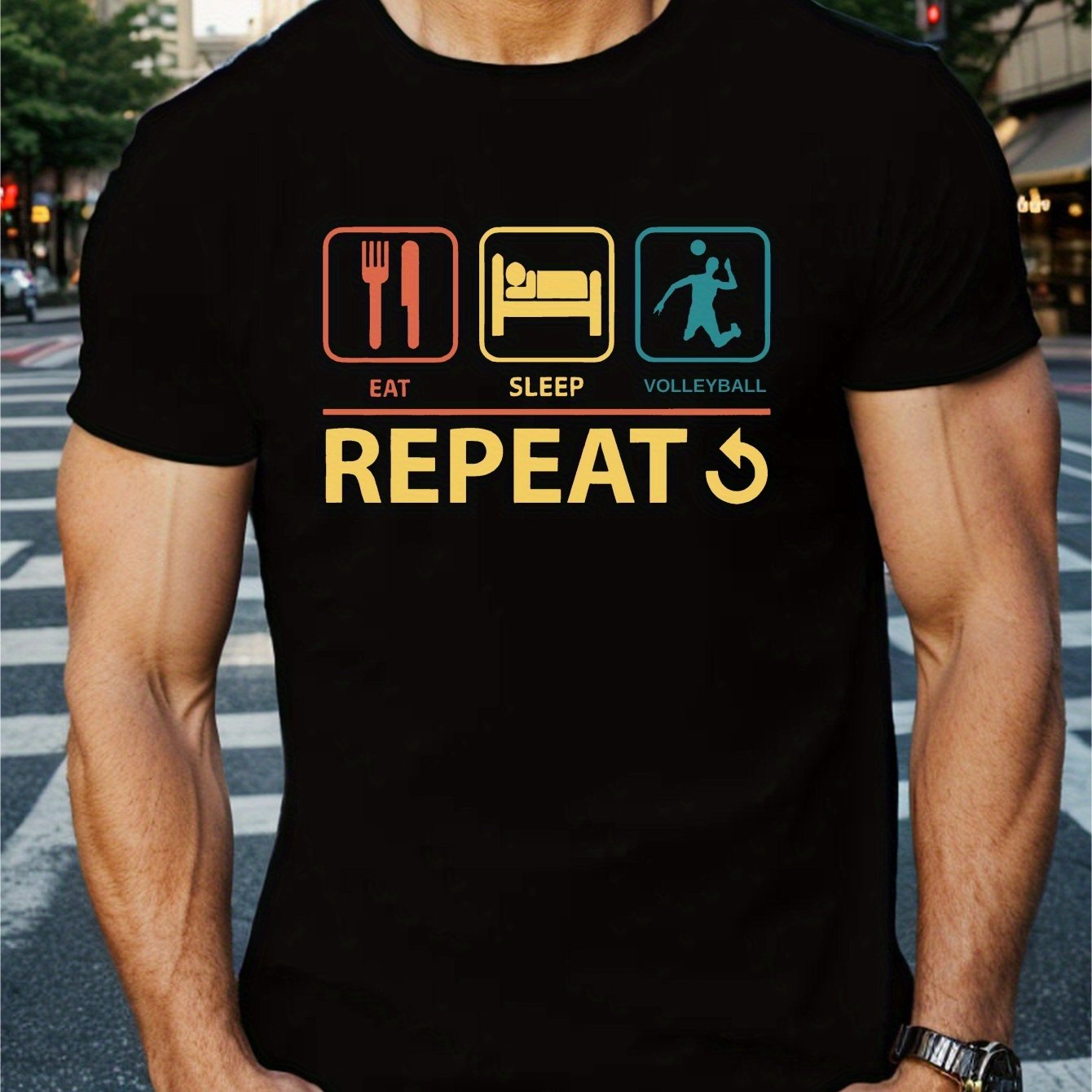 TEMU Men's Casual Comfy Summer T-shirt - ' Volleyball Repeat' Print Short Sleeve Crew Neck Tees As Gift