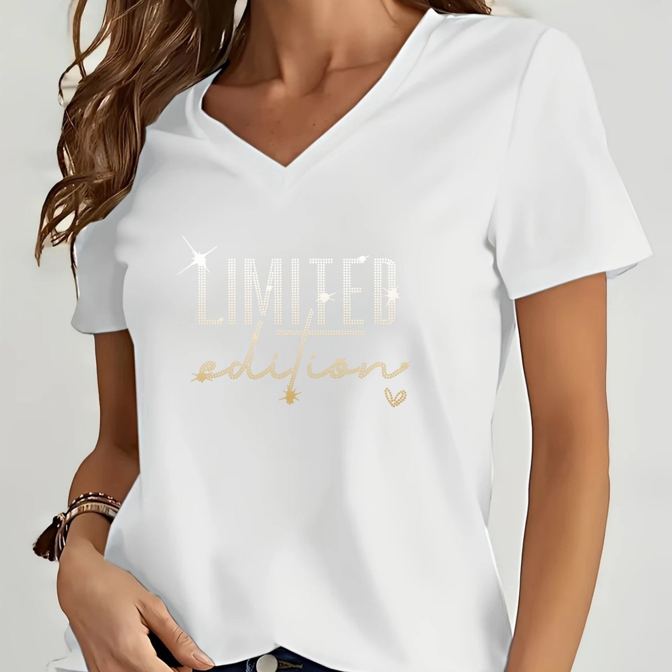 TEMU Letter Print T-shirt, Short Sleeve V Neck Casual Top For Summer & Spring, Women's Clothing