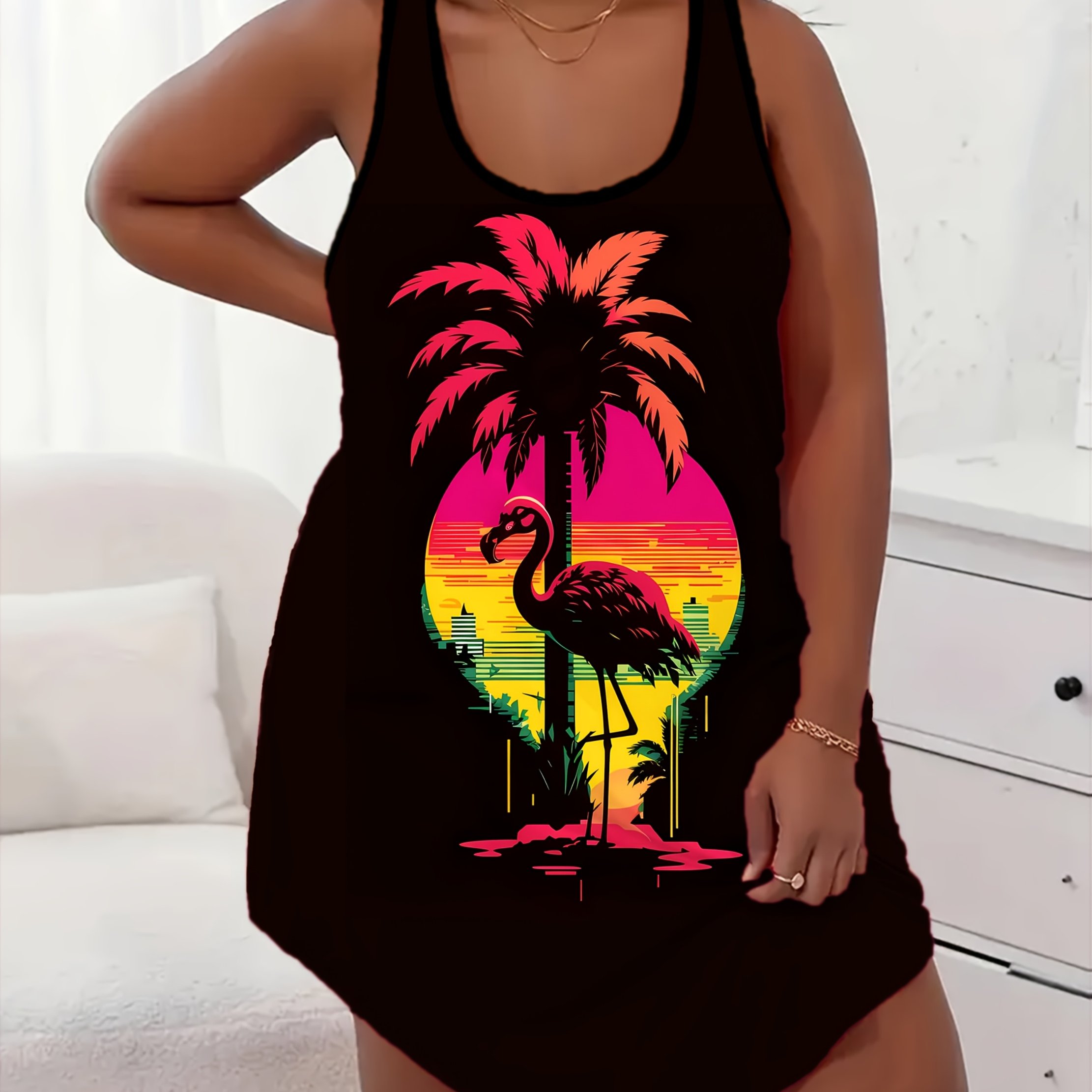 Image of Plus Size Casual Nightgown, Women's Fashion Flamingo Print Pajamas, Soft And Comfortable, Nightgown, Robe, Sleepwear