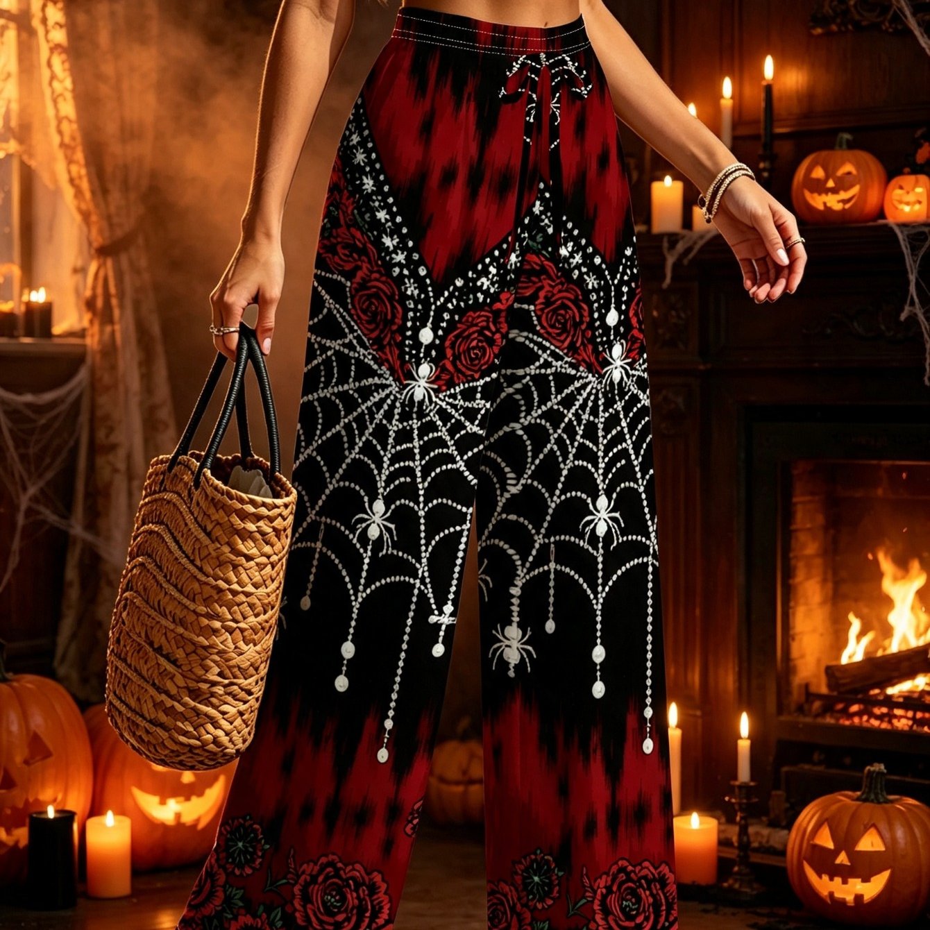 TEMU Women' Gothic Rhinestone & Pearl Spider Web Wide-leg Pants - High-waist Floor-length Trousers With Full-body Ombre Print, Suitable For Halloween