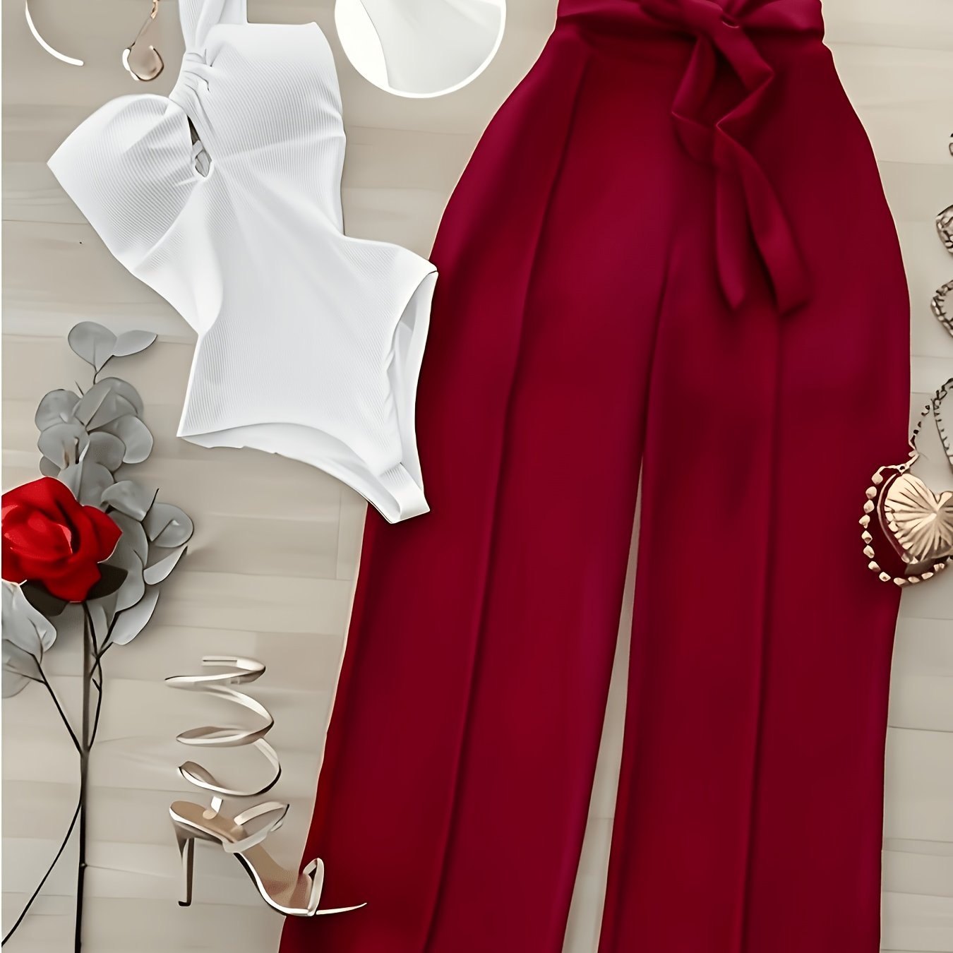 TEMU Y2k Women's Elegant White Ribbed Off-shoulder Waist-cinching Jumpsuit And Burgundy Drawstring Wide-leg Pants 2pcs Set (additions Not Included)