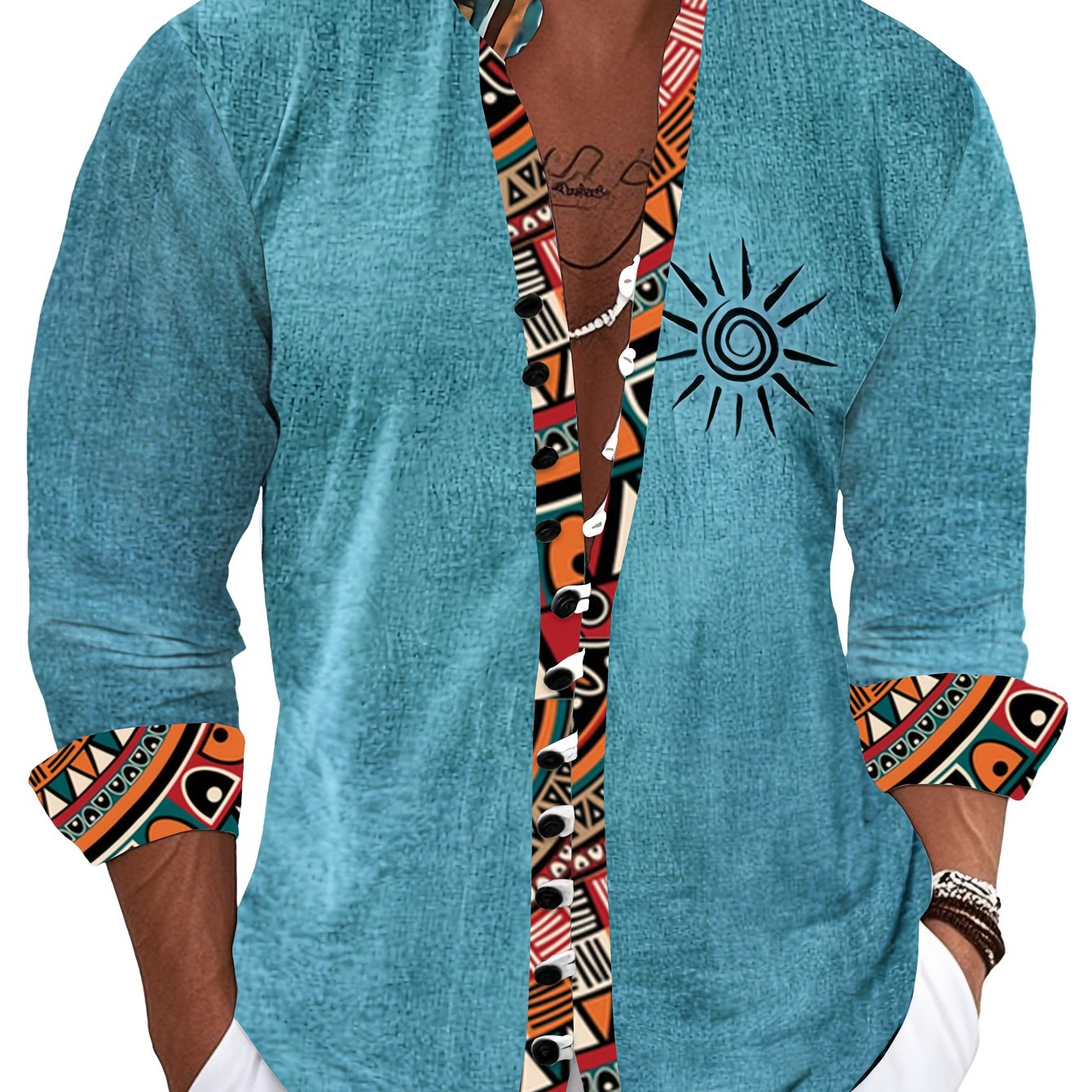 Image of Men's Tribal Shirt - Blue Casual Button-up With Collar, Non-stretch Fabric For Formal & Outdoor Events - Machine Washable Shirt For Beach, Parties, Casual Attire