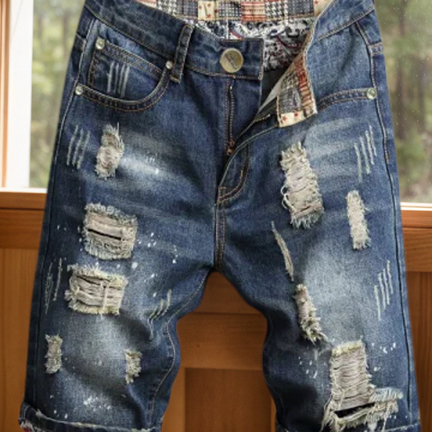 TEMU Men's Fashionable Ripped Jeans, Distressed Slim Straight-leg Style, Trendy Shorts, Loose-fitting Mid-calf Pants, And Durable Slim-fit Jeans