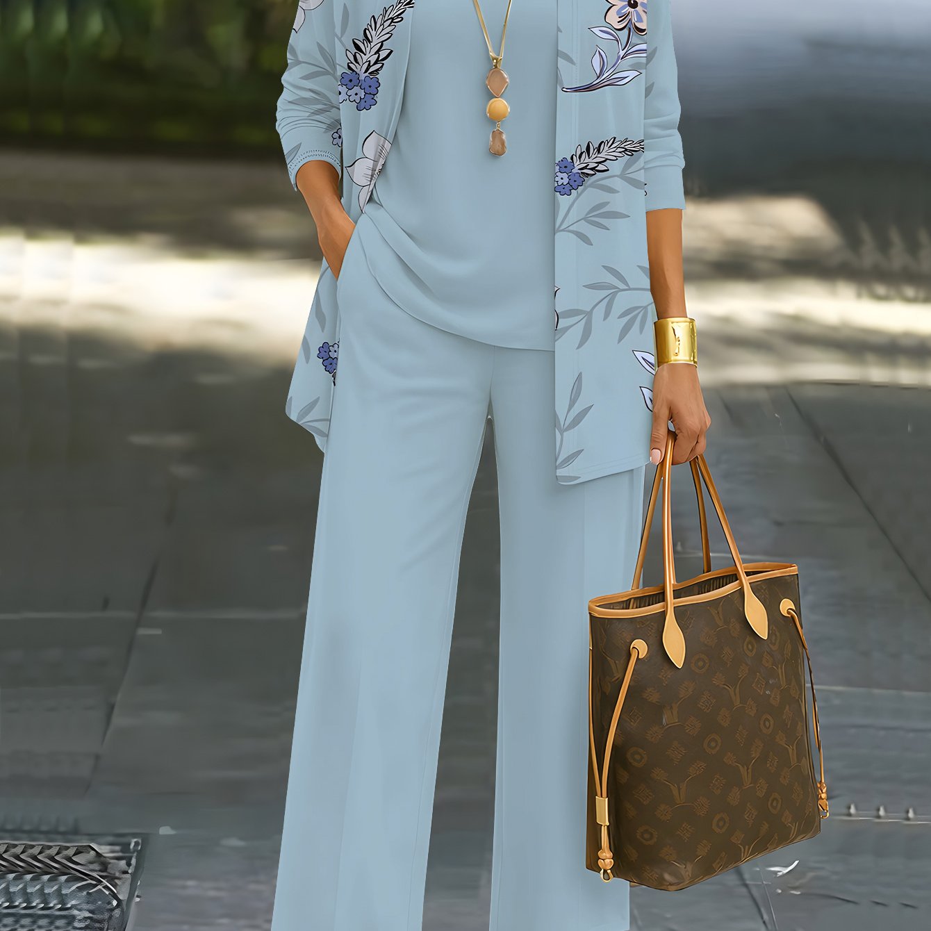 TEMU Plus Size - Plus Size - Large-size Women's 3pcs Set: Casual Floral Print Vest Cardigan Wide-leg Pants Set | Comfortable Soft Medium Stretch