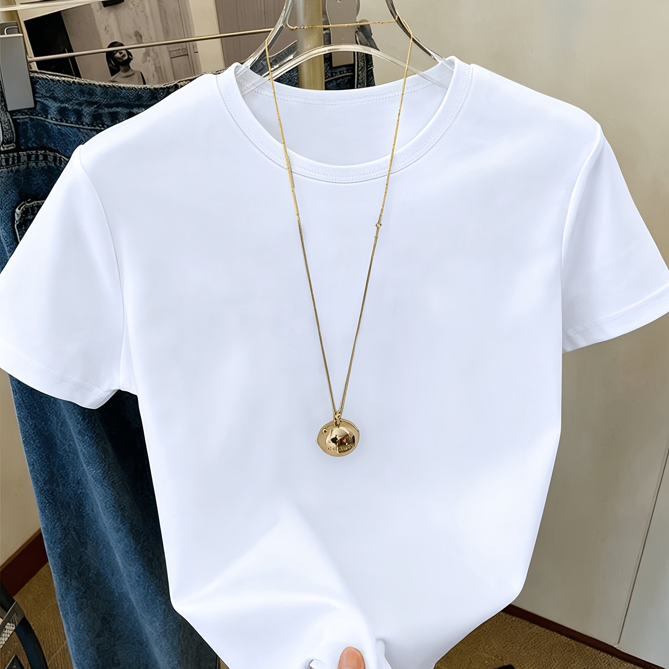 TEMU Women' Round Neck Short Sleeve T-shirt - Minimalist Plain Blouse Suitable For Daily Commuting, Light Business & Casual Wear, Comfortable ,