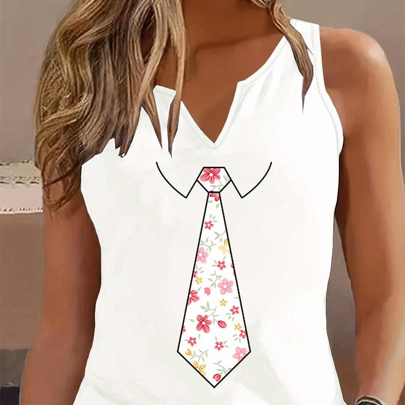 TEMU Fashionable Women's Tank Top With A Printed V-neck Design, Perfect For A Cool And Versatile Spring And Summer Wardrobe