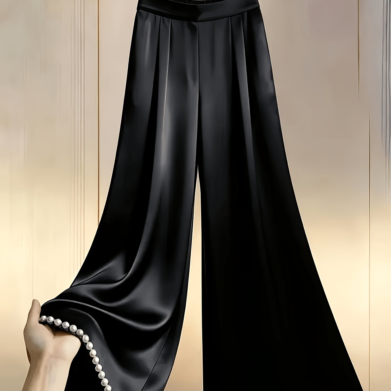 TEMU Pantalon à jambes larges taille haute, bordure perle, tissu , élégant et adapté aux fêtes, aux quotidiens et à diverses occasions, pantalon