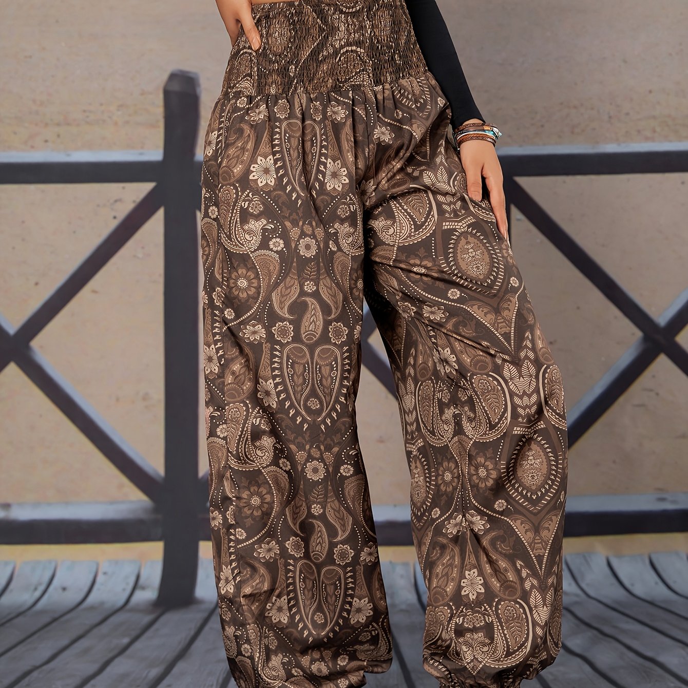 E-shop Elegante Damenhose mit langem Rock, floralem Druck, hoher Taille, dehnbar, lockerer Passform, Schlupfrock, Paisley-Print, elastische Knöchel,