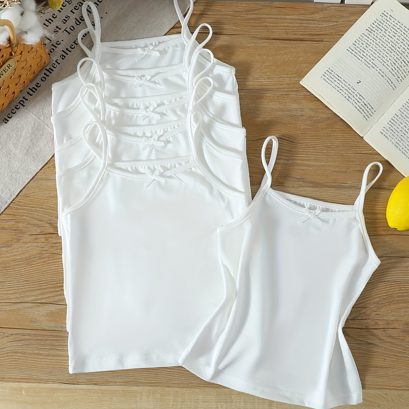 Image of 6-pc Of White Camisoles For Young Girls, Suitable For Girls In Multiple Scenes, For , White Bow Decoration, Easy And Comfortable Knitted Fabric, Worn As Outerwear Or Innerwear