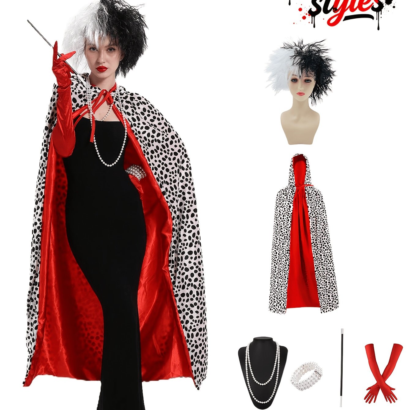 TEMU 6pcs 1920s Party Kit Long Cape With Hat And Wig And Red Gloves And Pearl Necklace And Pearl Bracelet, Party Costume For Masquerade, Role-playing