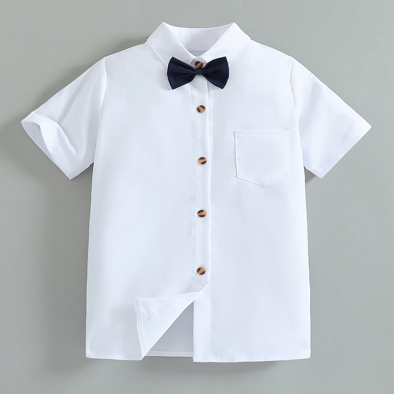 Image of Boys' Casual Solid Color Short-sleeve Button- Shirt With Bow Tie, Suitable For Summer Casual Outdoor Wear, Weddings, Festivals, Academia, And Attire