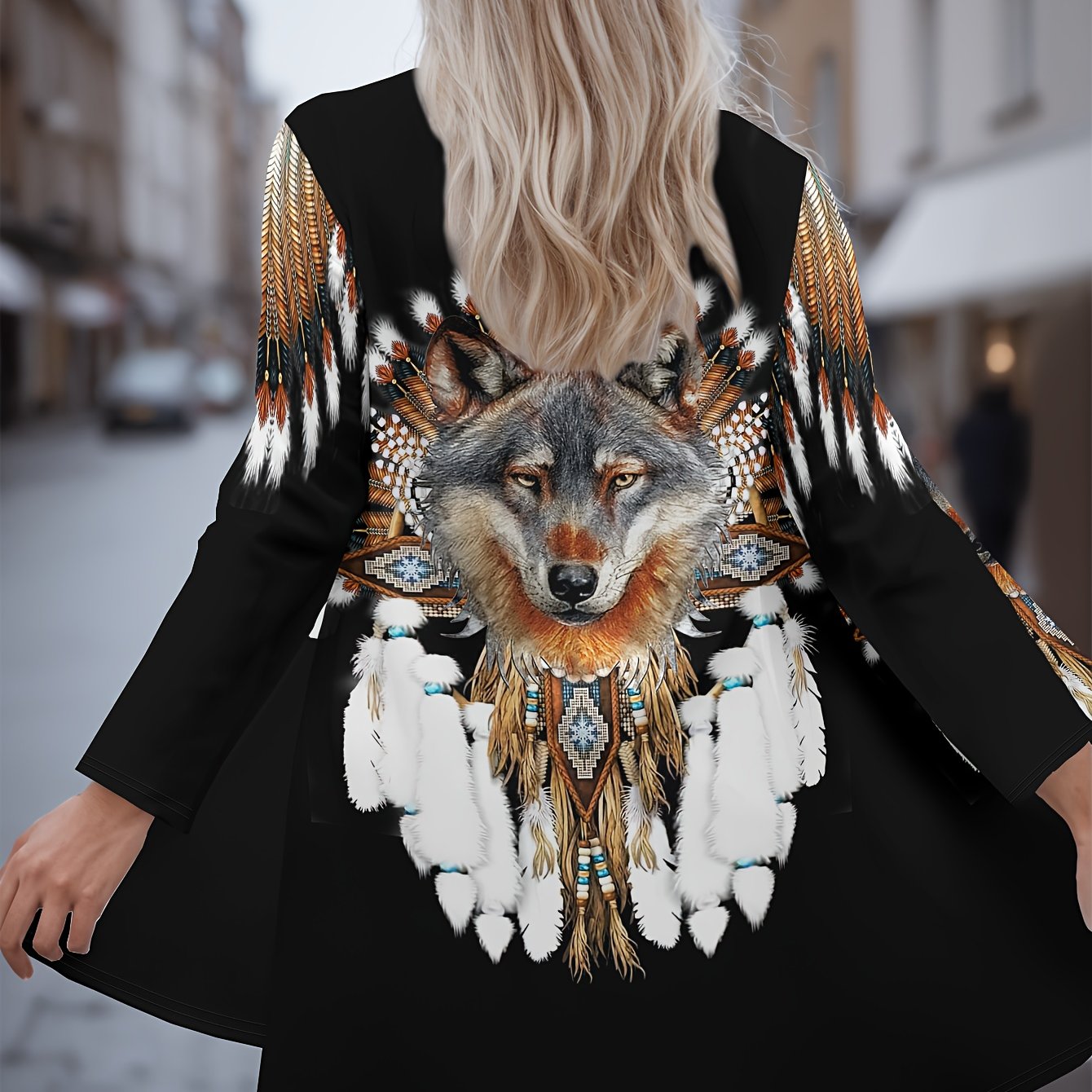 Kuva tulossa: TEMU Damen Plus-Size Cardigan mit Wolf-Druck - Lässiger Offener Langarmmantel, Dehnbarer Polyester-Mix, Maschinenwaschbar - für Frühling & Herbst