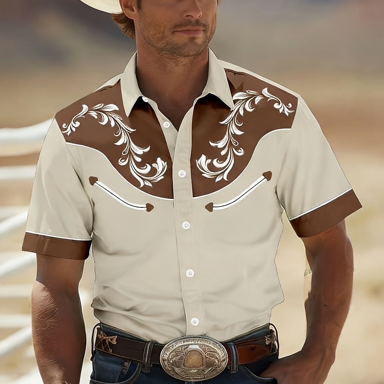 TEMU Men's Western Style Shirt, Tribal Design, Suitable For Summer And Spring Wear, Khaki, Perfect For Casual , Vacations, And Outdoor Activities
