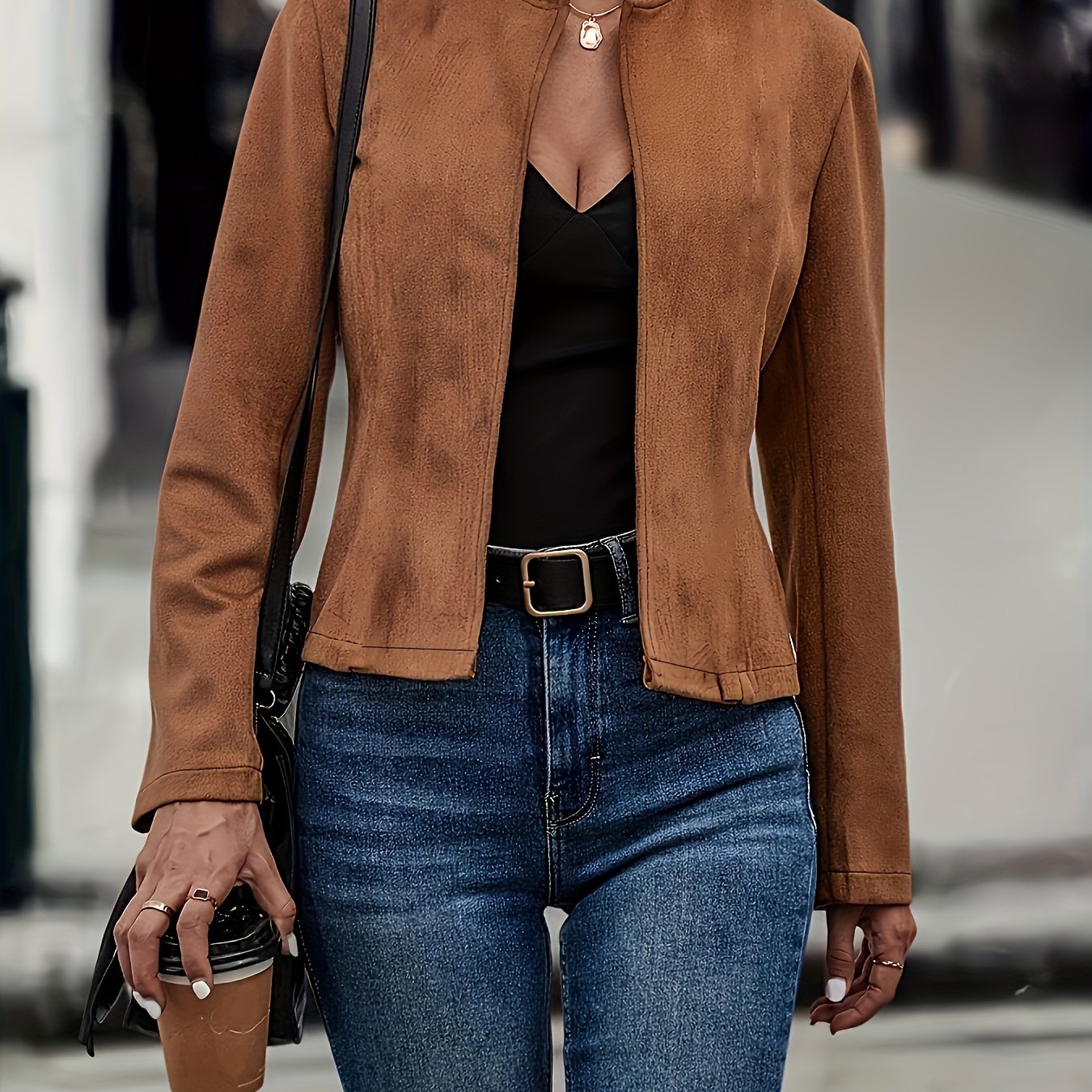 TEMU Women's Vintage Blazer Jacket - Solid Color Long Sleeve Cardigan Suitable For Office, Casual & Formal Wear, Machine Washable Round Neck Beltless