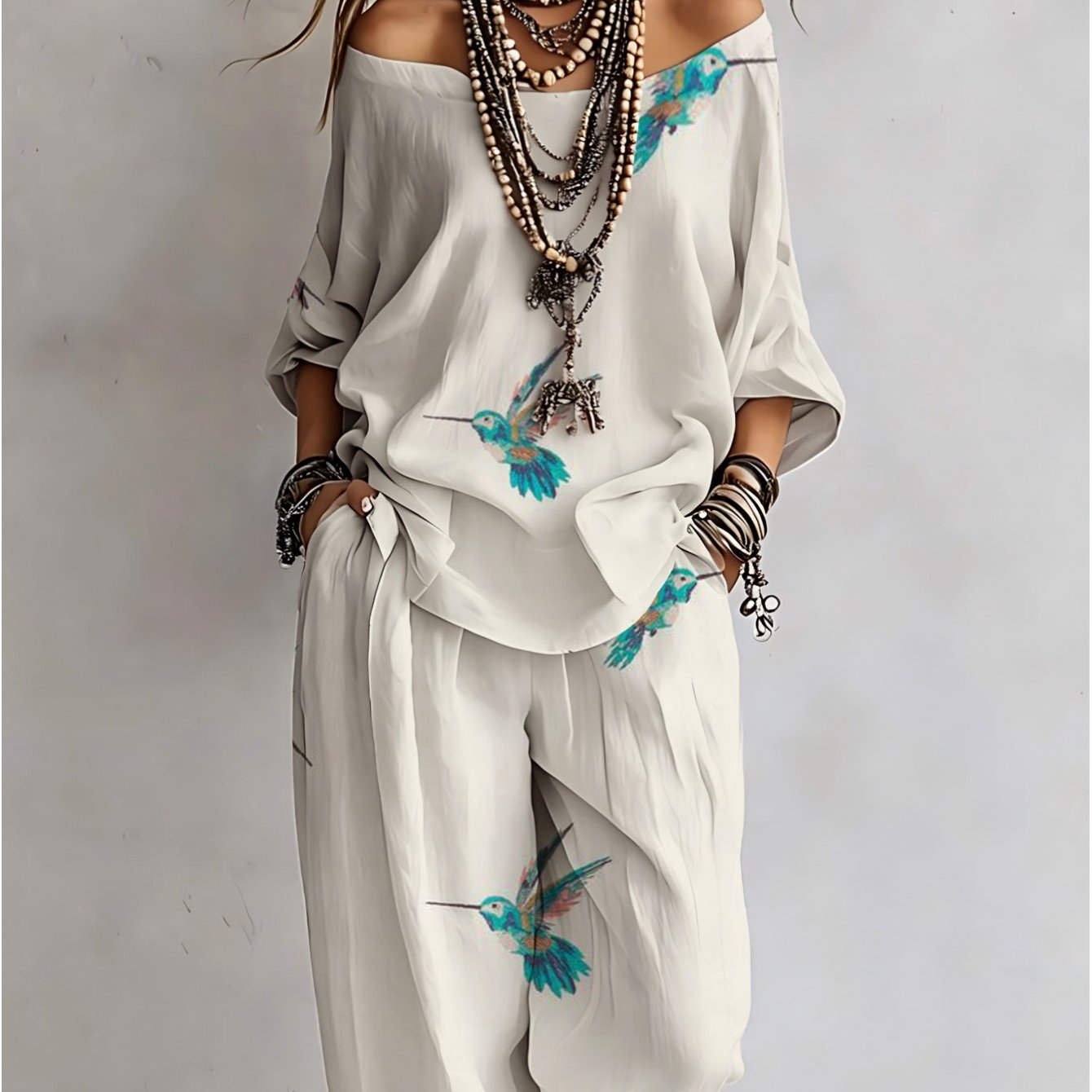Women's Boho Floral 2pcs Outfit Off-shoulder Batwing Sleeve Loose Top Wide-leg Pants Set Elegant Watercolor Flower Print Holiday Casual Suit