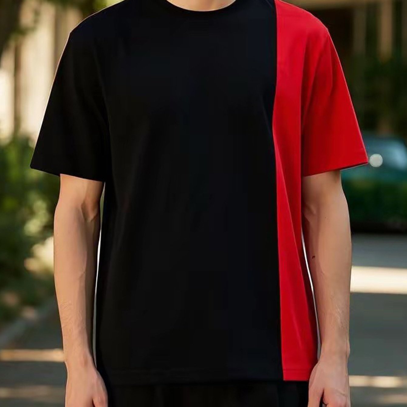 TEMU Men'- Block Cotton T-shirt - Casual Hip Hop Style, Loose Fit, Round Neck, , Summer Streetwear, Machine Washable, Hip Hop Apparel | Street Style Fashion |