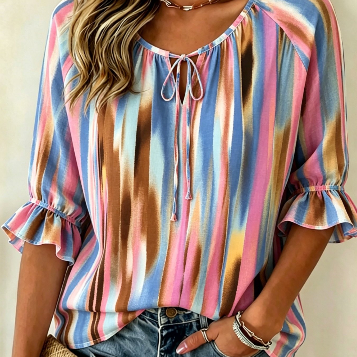Plus Size - Dopamine Gradient Gradient Stripe Print Women'-quarter Sleeve Ruffle Tie Shirt