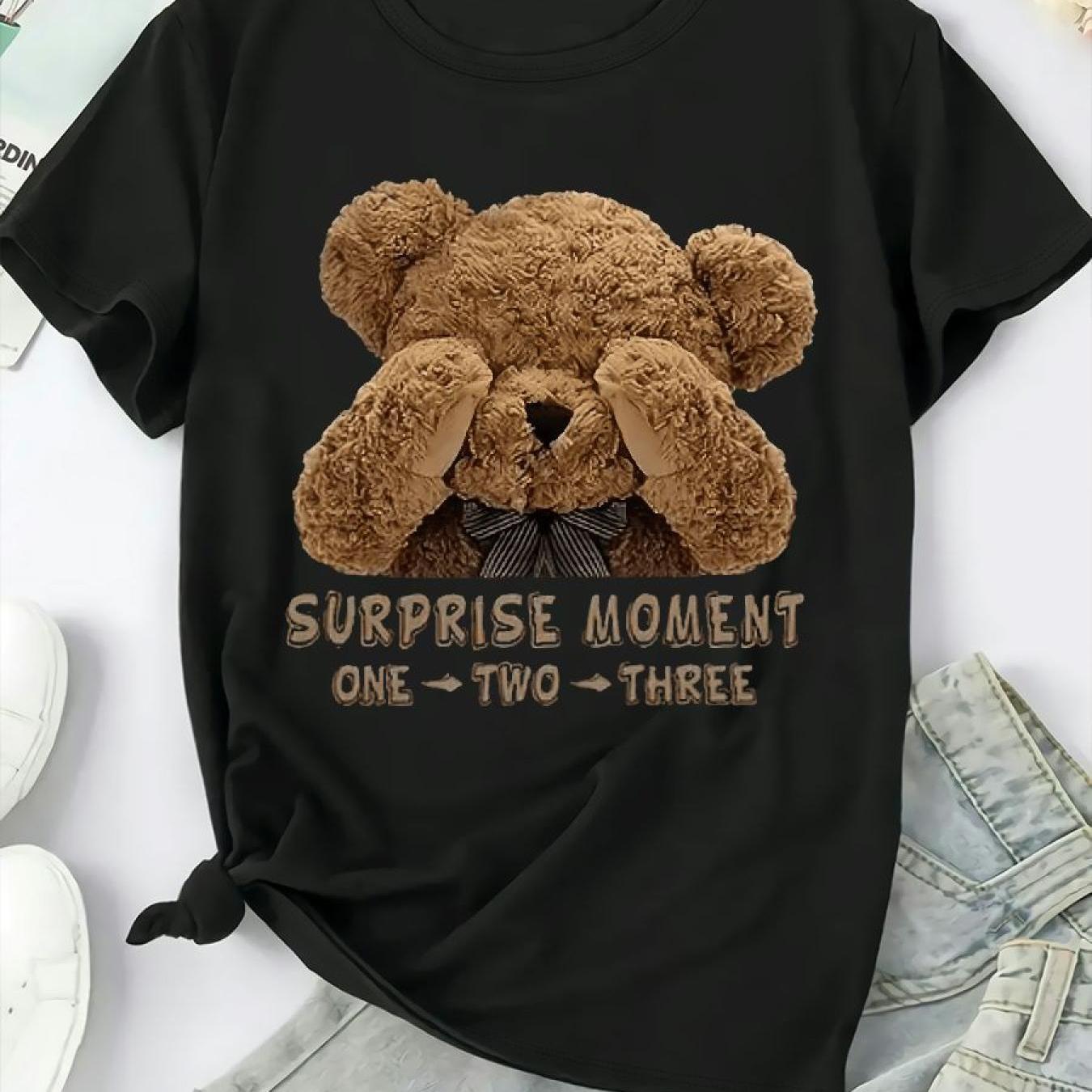 TEMU Women's Casual Crew Neck T-shirt With Teddy , 95% Polyester 5% Elastane, Stretch Knit Fabric, Short Sleeve Loose Plus Size Top For