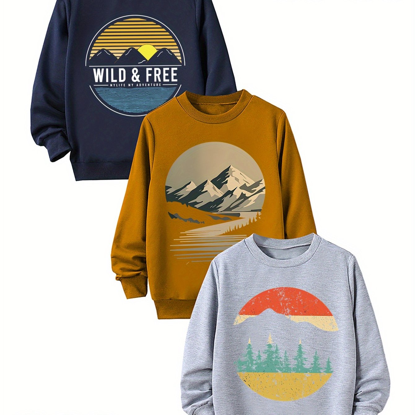 E-shop 3er-Pack Jungen Langarm Rundhals 'Sunset And ' Print Sweatshirt für Frühling und Herbst
