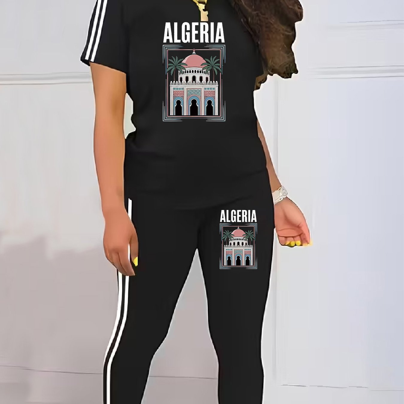 TEMU Women's Casual Sportswear Set: Round Neck Drawstring Short Sleeve T-shirt Top And Long Pants 2pcs Tracksuit With Algeria Graphic Letter Print,