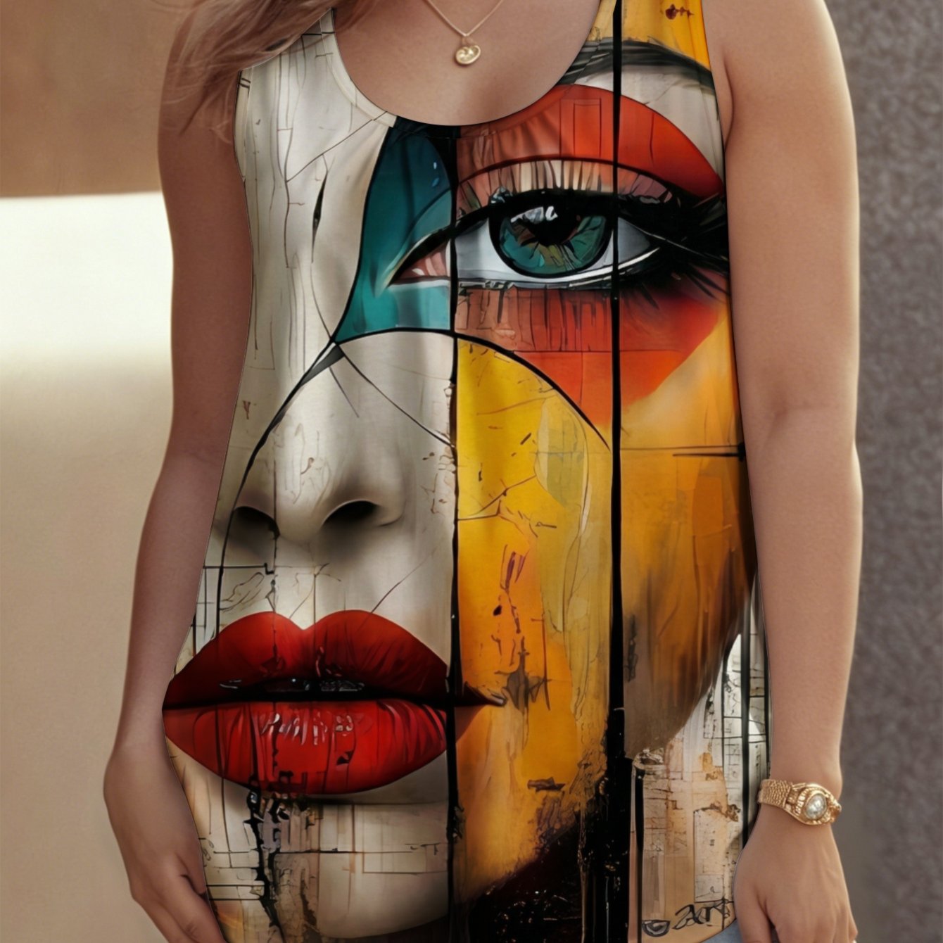 Image of Plus Size - Women's Plus Size Crew Neck Sleeveless Tank Top, Sizes 0xl-9xl Abstract Fashionable Stretch Suitable For , Beach And Travel, Stylish Sexy Outfits For Women