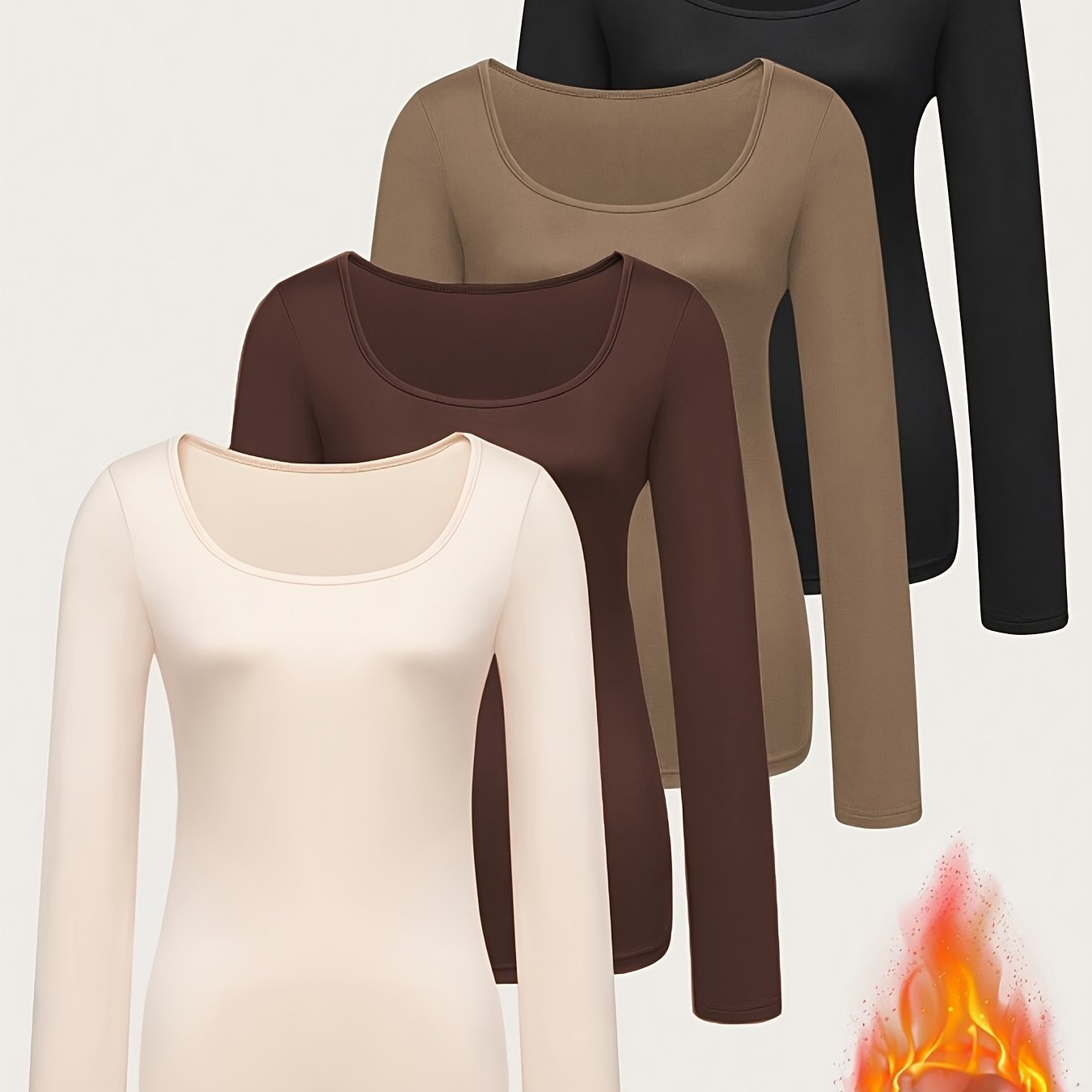 4pcs Neck Solid Color Versatile Elastic Base Shirt Top Women's Fall Winter Thin Fleece Warm Long Sleeve T-shirt Women's