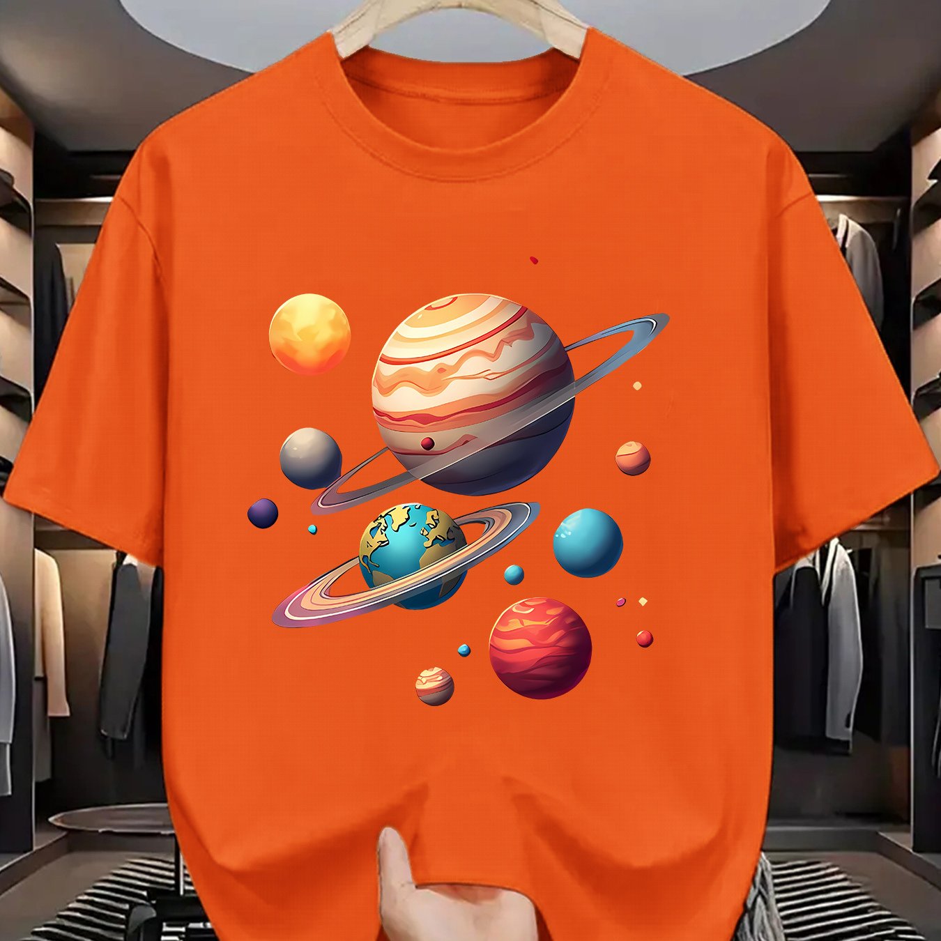 TEMU Men's Planet Print Short Sleeve T-shirt - Space-themed Round Neck Summer Shirt With Patterns, Casual Comfortable Breathable Polyester Fabric For