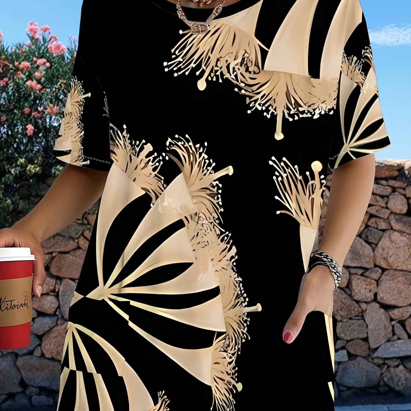 TEMU Women's Large Size Short Sleeve T-shirt With Abstract Floral Full-body Print & Chest - Round Neck Casual Blouse Top, Breathable Machine Washable