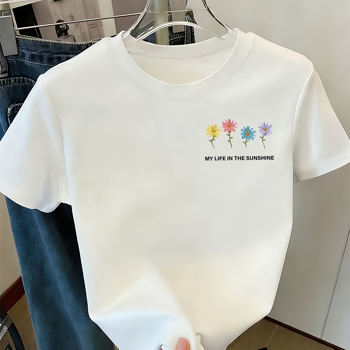 TEMU T-shirt décontracté à imprimé floral et lettres , haut à manches courtes et col rond pour et l'été, vêtements pour femmes