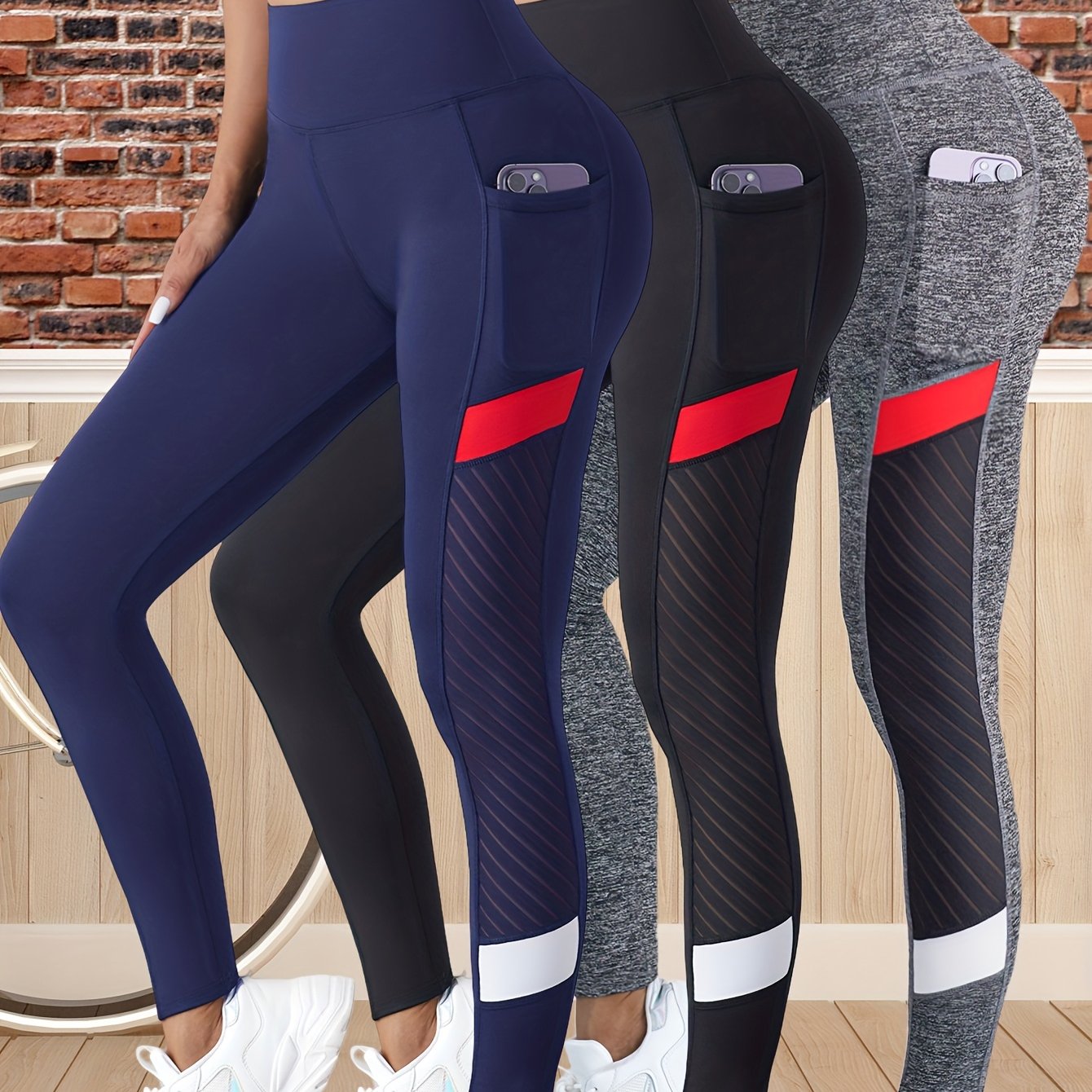 TEMU 3pcs Affordable Set Women's High-waisted Tummy Control Mesh Panel Leggings With Pockets For Sports And Yoga