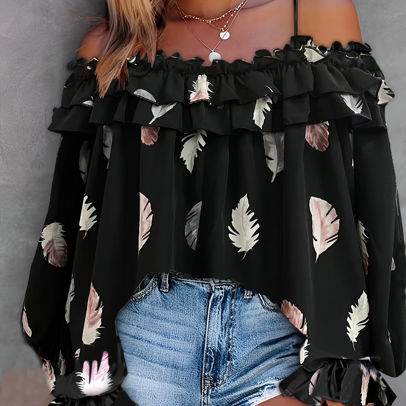 Plus Size - Plus Size - Plus Size Pattern Print Lace Off-shoulder Asymmetrical Sleeve Machine Washable Non-dry Clean Casual Spring Summer Women's Outing Blouse