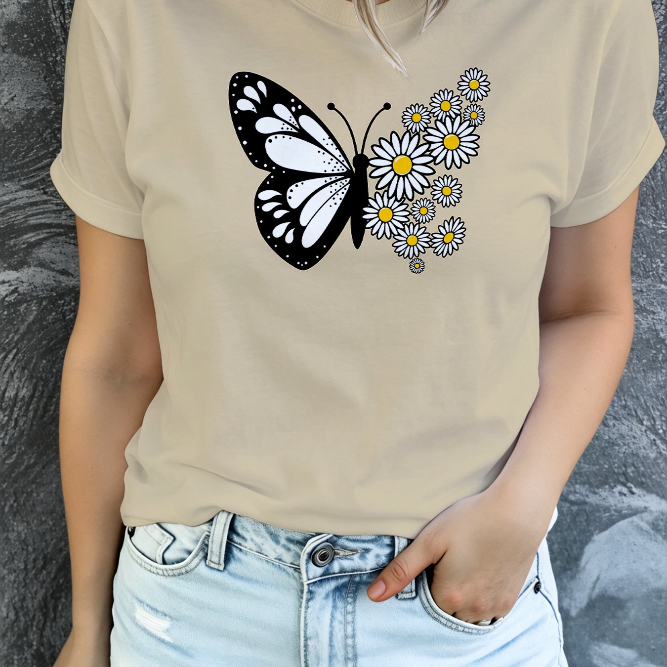 TEMU -shirt tendance d'été simple beige à imprimé papillon et marguerite, haut décontracté pour femme, convient pour les réunions de et les tenues