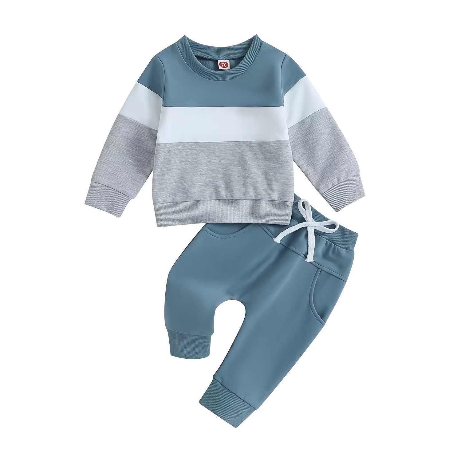Image of Baby Boys Spring 2pcs Outfits Contrast Color Long Sleeve Sweatshirt And Elastic Pants For Toddler Fall Clothes, Perfect For Outdoor