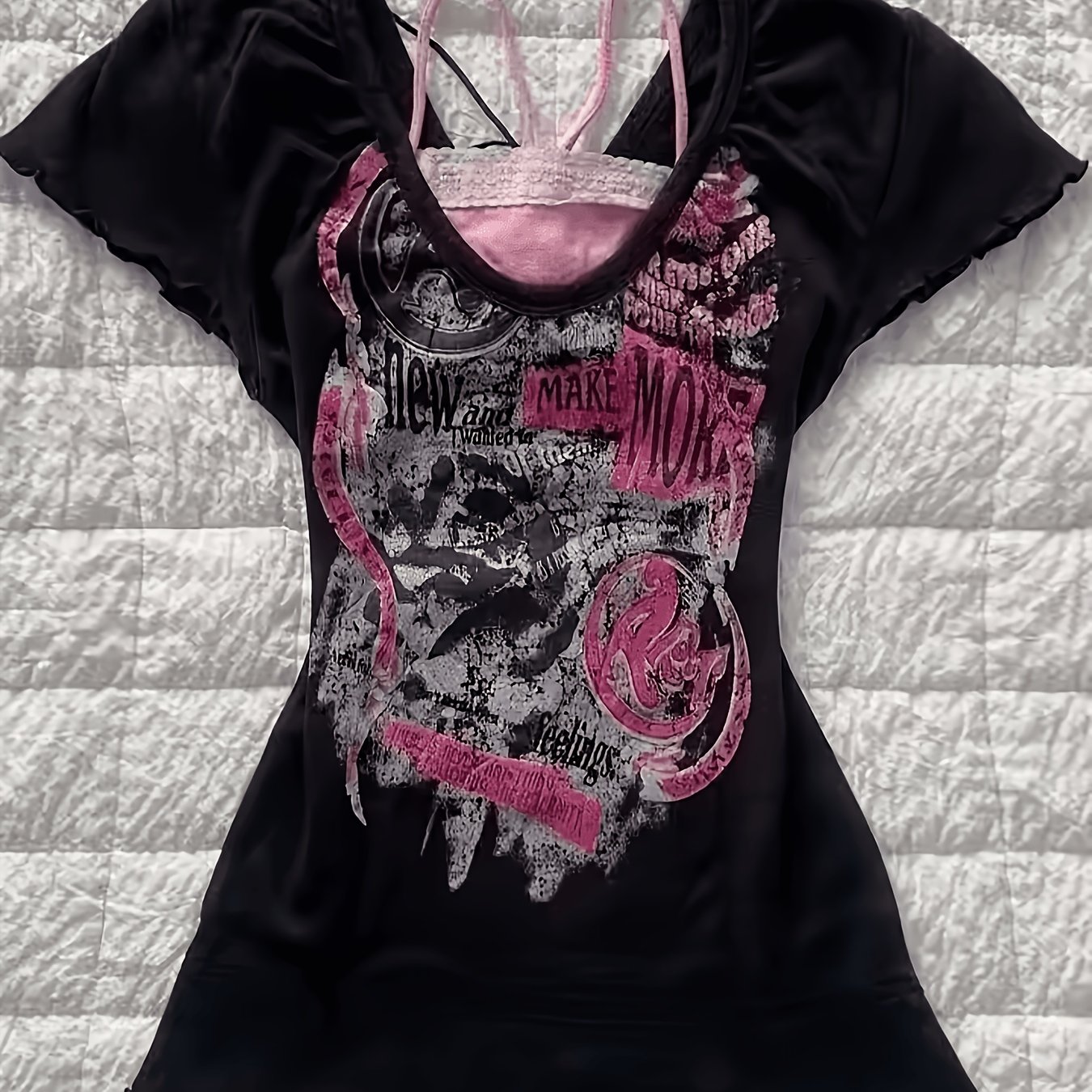 TEMU Gothic Spicy T-shirt Pink Women's Short Sleeve Streetwear Hip Hop Style Retro Clothing Women's T-shirt Pattern T-shirt Y2k Aesthetic Crop Top