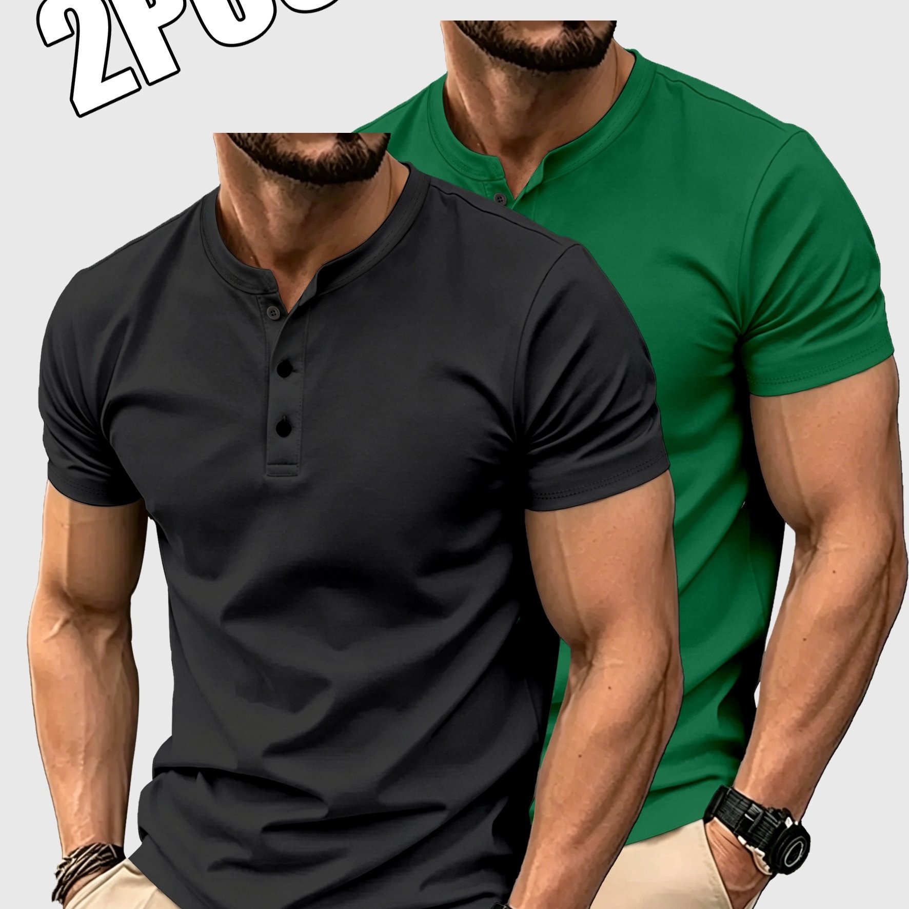 TEMU 2pcs Set Of Men' Color T-shirts, Summer Classic Henley Shirts, Suitable For Casual Wear