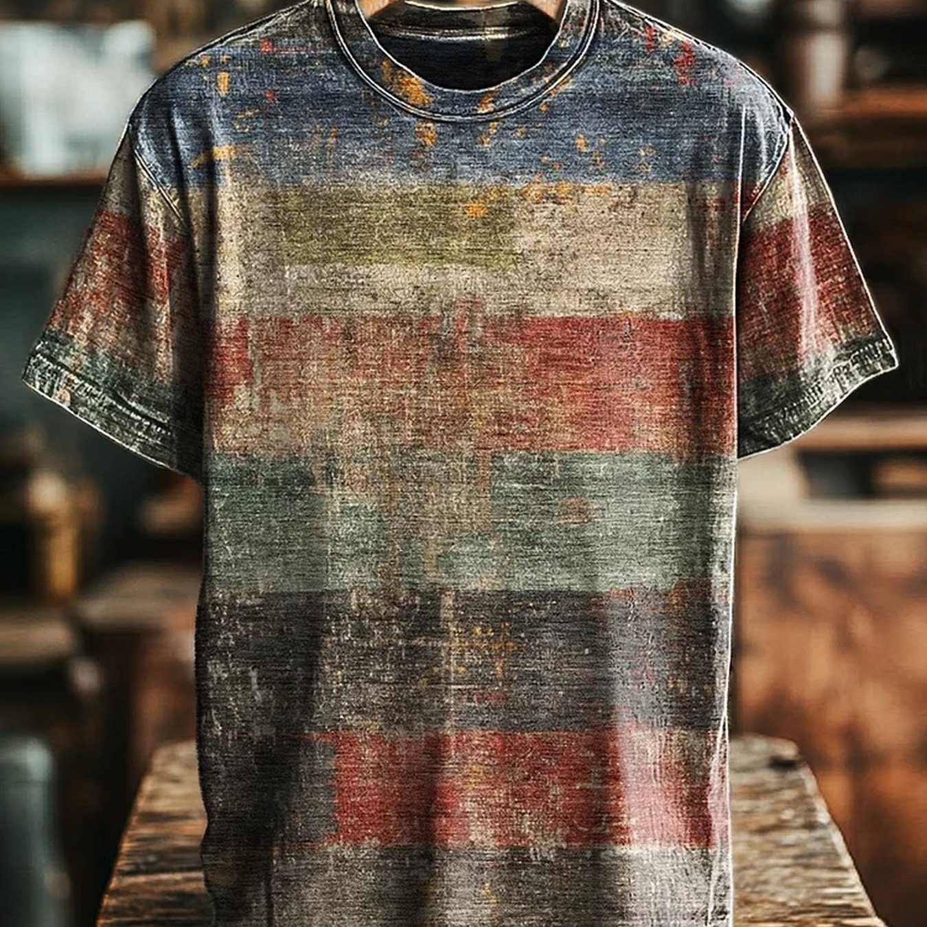 TEMU Men's Vintage Distressed Striped T-shirt - Color-block Short Sleeve Round Neck Casual Top With Suitable For - Wear, Machine Washable Polyester