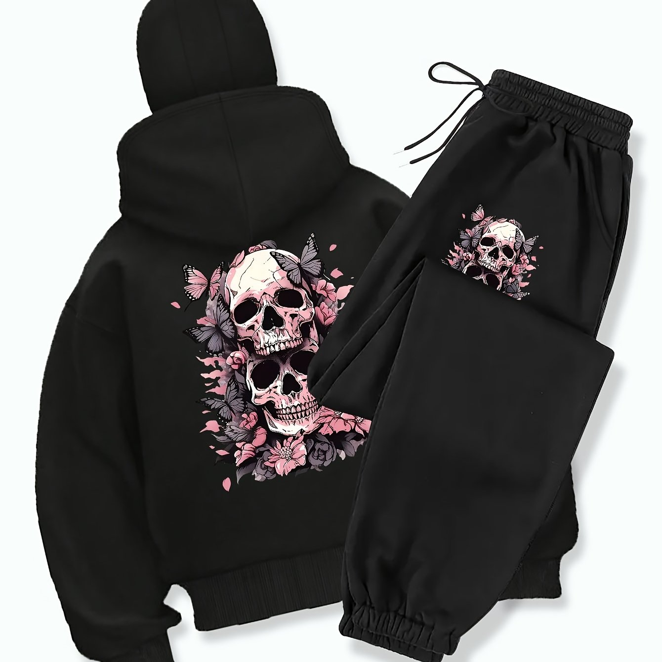 TEMU Women's Casual Double-hooded, Balaclava Zippered Sweatshirt -hooded Hoodie, Street Sweatpants Letter Printing Set, 