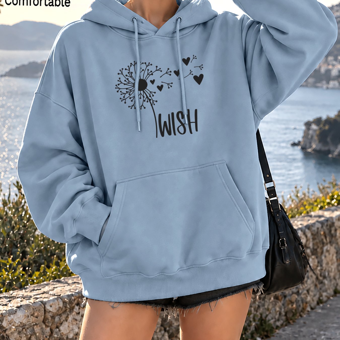 Image of Autumn Women's Fashionable Pocket Drawstring Hoodie With Dandelion, Heart & Wish Print, Easy For Ladies, Spring Autumn Daily Wear, Loose Pullover Jacket