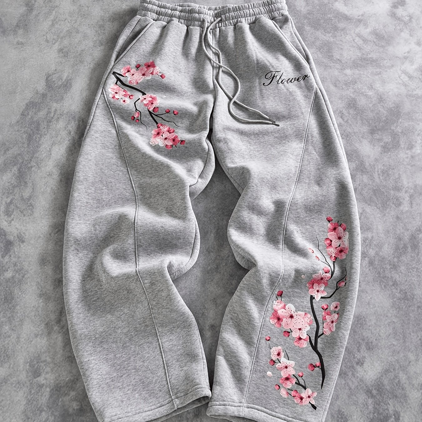 TEMU Men's Cherry Pink Floral Letter Print Athletic Pants | Spring Summer Y2k Street Style Cherry Floral Branch Pattern Joggers | Retro Plant Petal