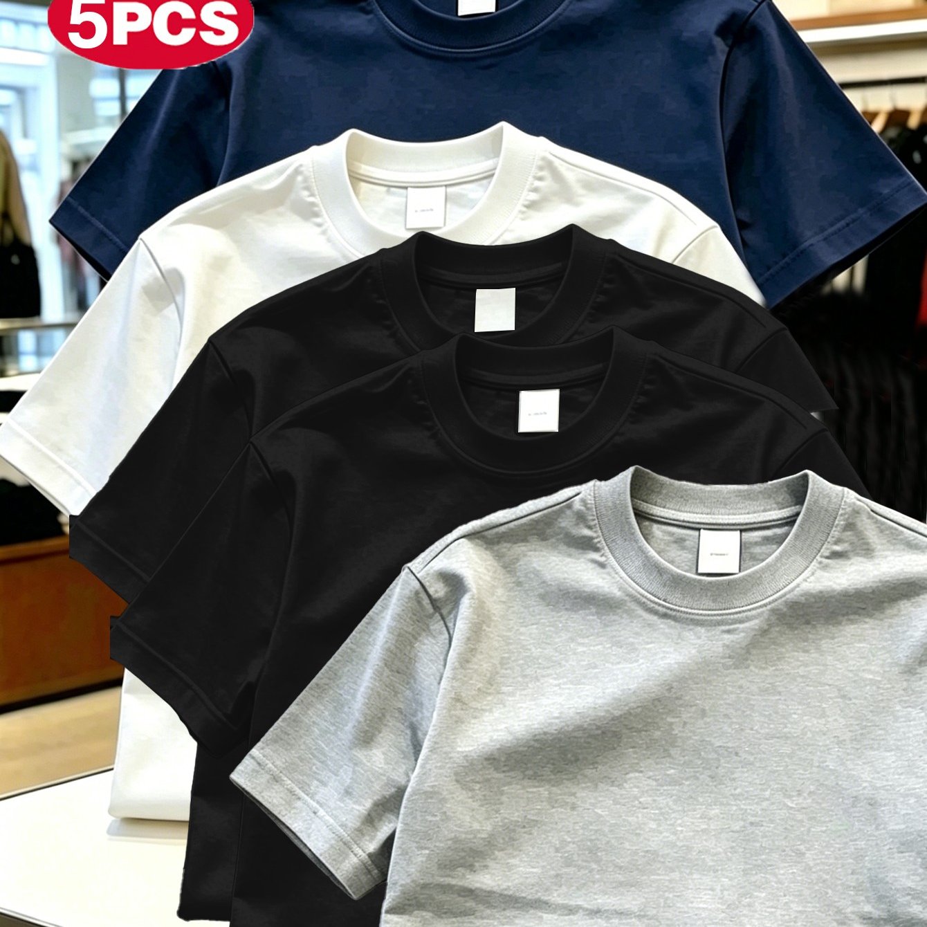 TEMU Unisex 5pcs Set, Fitted Basic Short-sleeved Business , Easy And , No Prints, Heavyweight Combed Fabric, Breathable And Skin-friendly, Standard