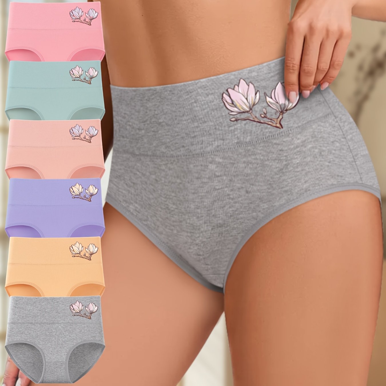 Image of 6pcs Solid Color Floral Pattern Panties, Simple Comfy Breathable Stretchy Panties, Women's Lingerie & Underwear