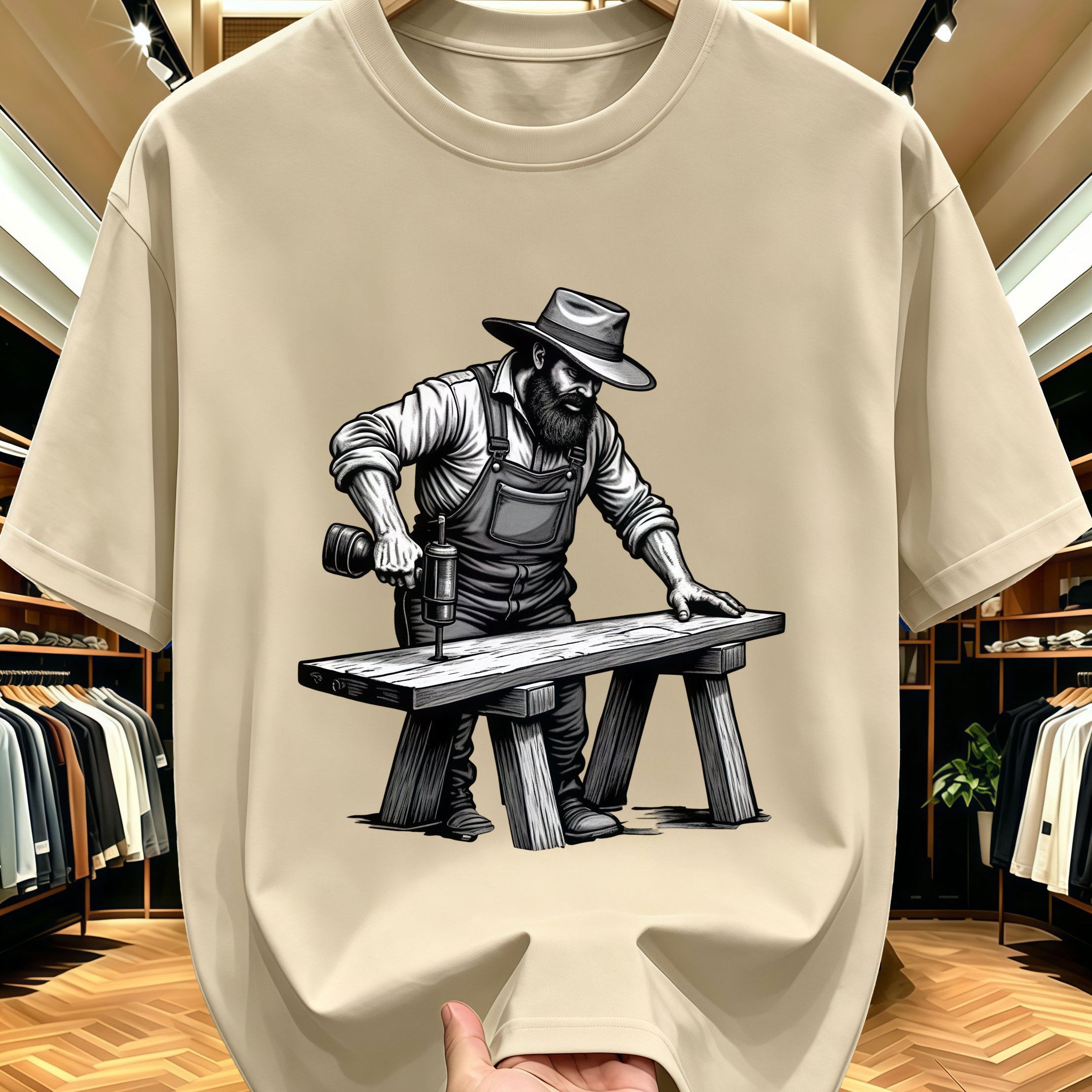 TEMU Men's Vintage Woodworking T-shirt - Short Sleeve Crew Neck Casual Summer Top With Wood Grain Suitable For Carpentry, & Casual Attire, Machine
