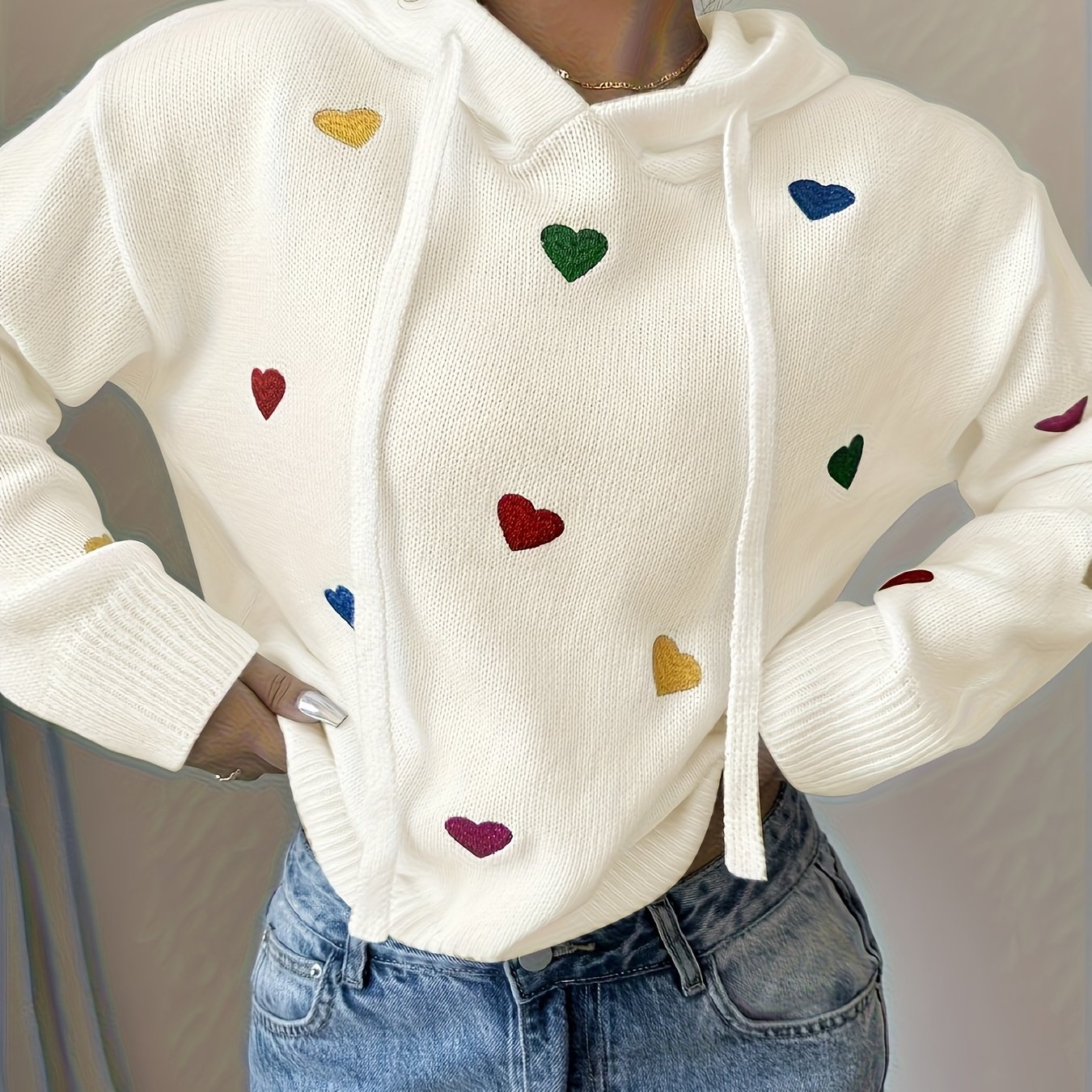 Image of Autumn And Winter Casual Fashion Long-sleeved Hooded Heart Embroidery Women's Sweater Pullover