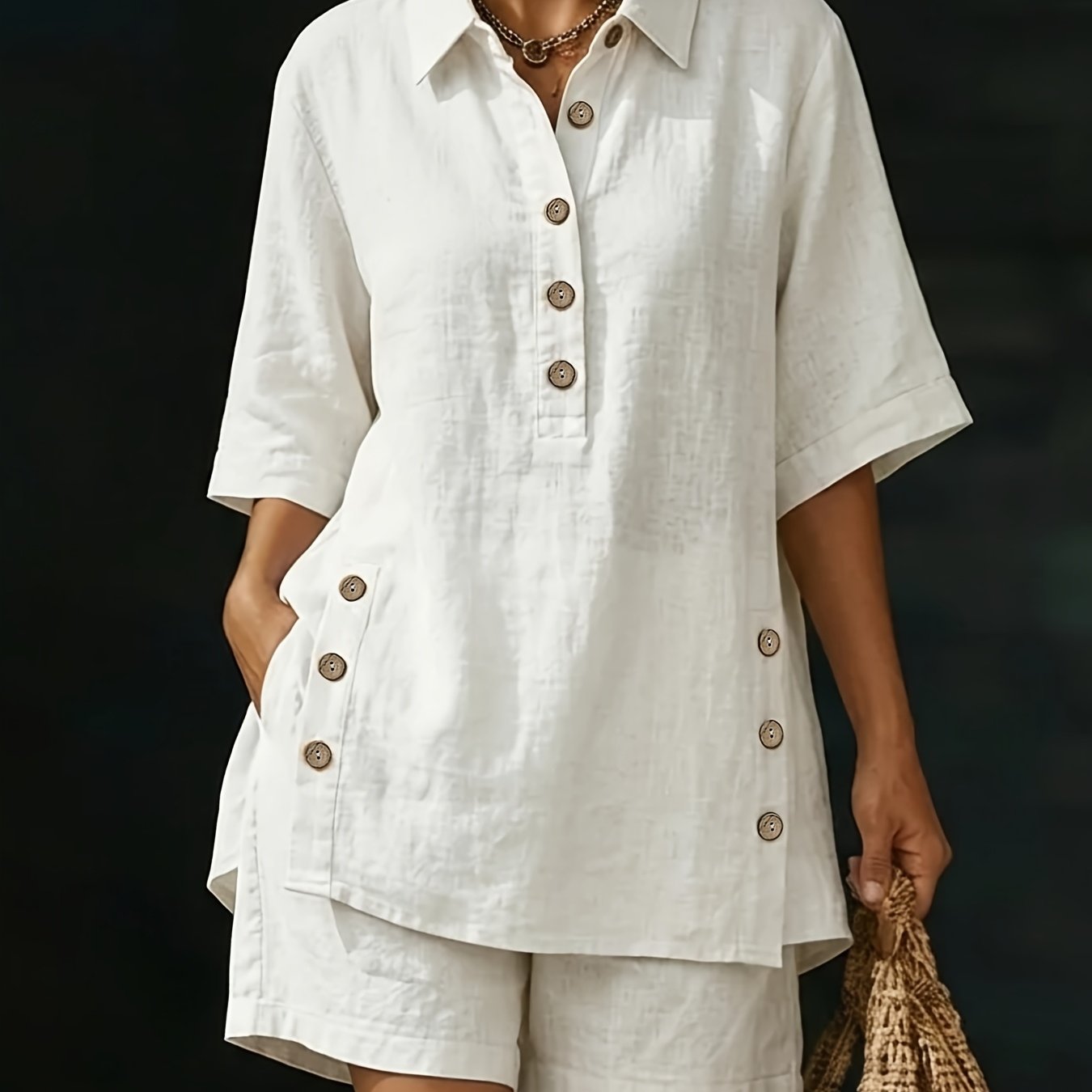 TEMU Ensemble 2 pièces confortable pour femmes : chemise boutonnée ample et short respirant avec poches, tenue d'été décontractée pour les vacances