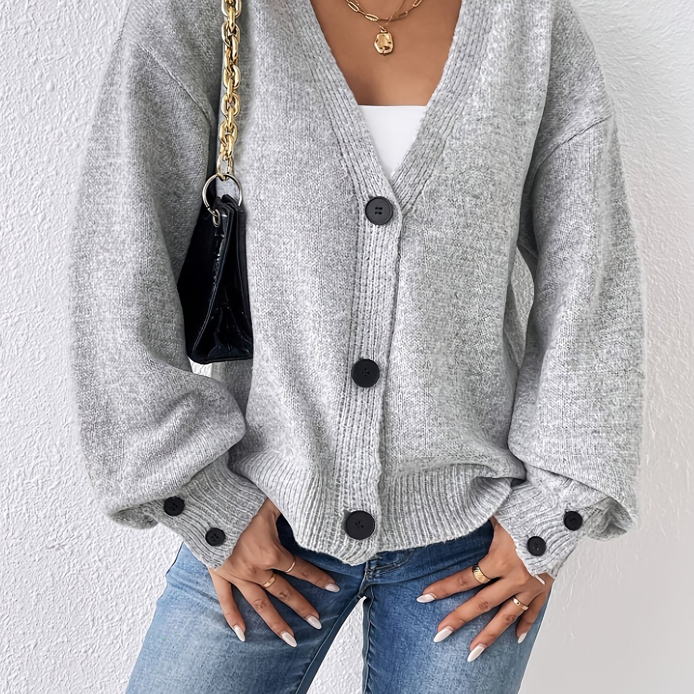 E-shop Modische Damen Strickjacke mit langen Ärmeln und heruntergezogenen Schultern, einfarbig, geeignet für Herbst und Winter, grauer Pullover, Damen